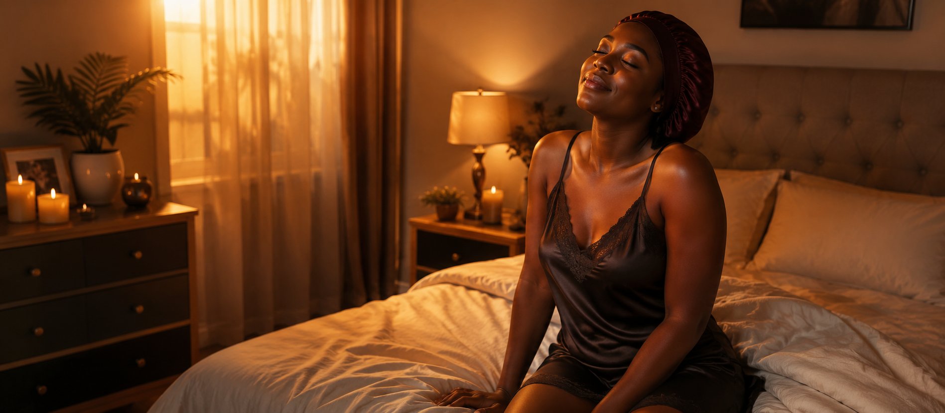 Nigerian woman sitting peacefully in warm bedroom light